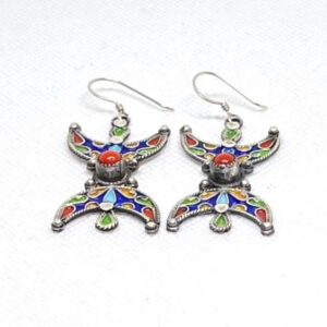 Berber Enamel Coral Sterling Silver Earrings: Amazigh Yaz Symbol Tribal Jewelry