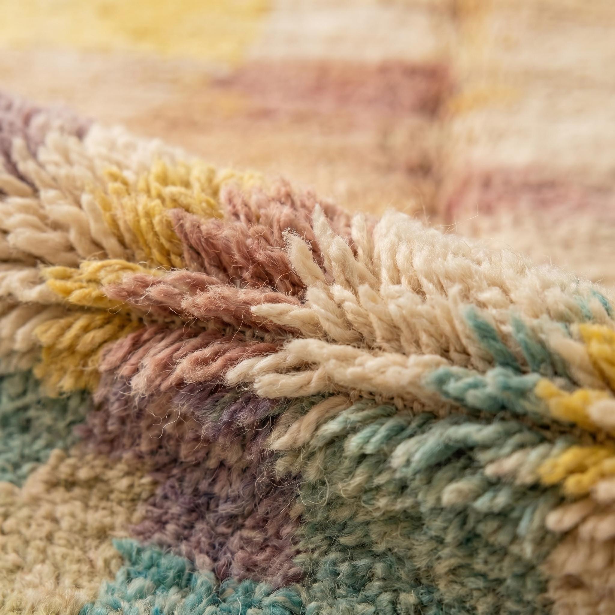 Boujaad Rug - Ivory Yellow Teal Pastel Wool Rug - Handmade Abstract Color Block Rug - One of a Kind Boho Berber Carpet