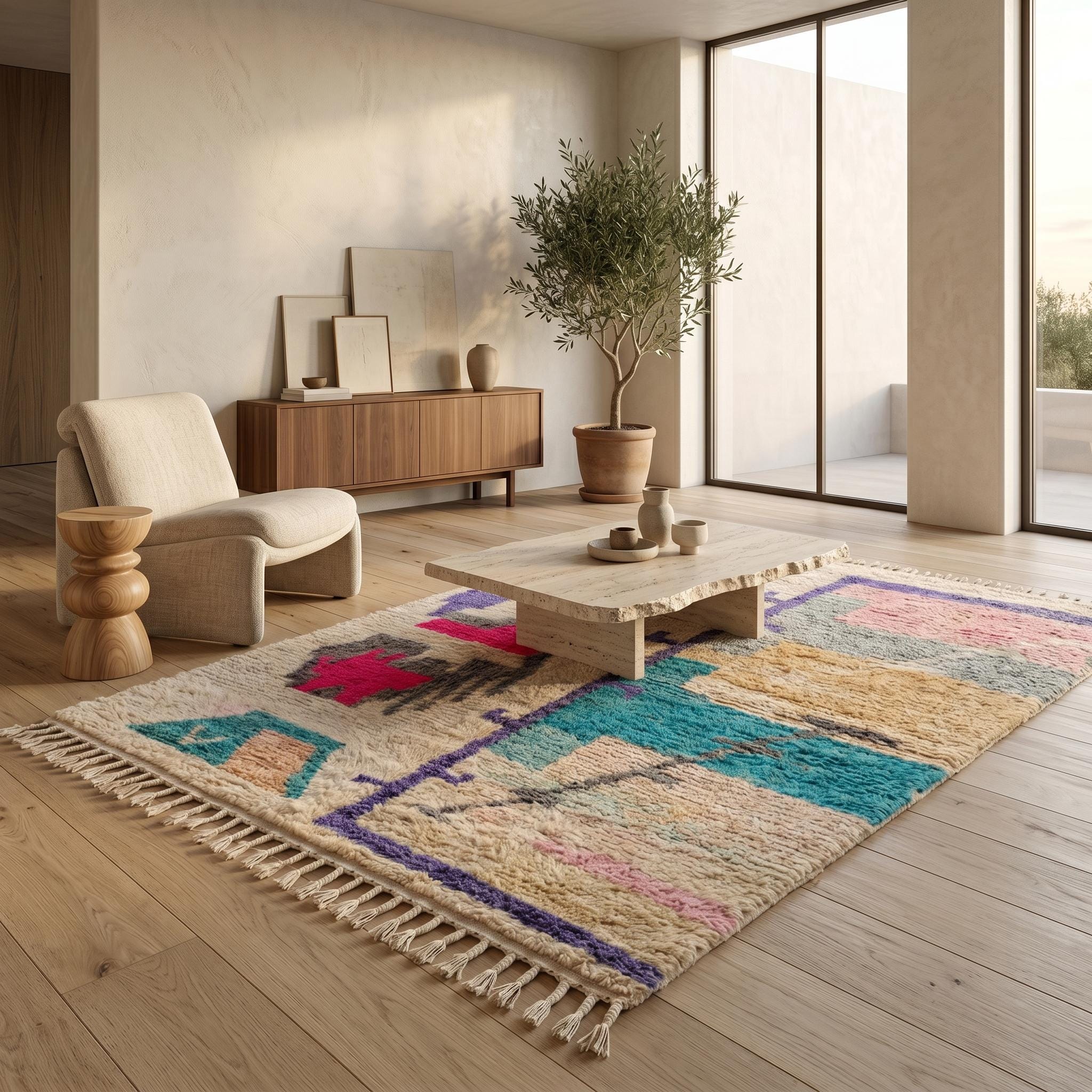 Azilal Rug - Color Block Wool Rug - Handmade Berber Abstract Carpet - 8x5 Modern Boho Area Rug - One of a Kind Rug