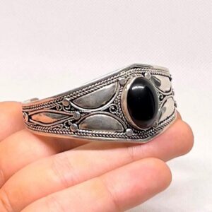 Handmade Onyx Sterling Silver Berber Bracelet, Boho Cuff Bangle