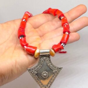 Antique Berber Coral Necklace: Sterling Silver Tuareg Tibetan Pendant, Jewelry