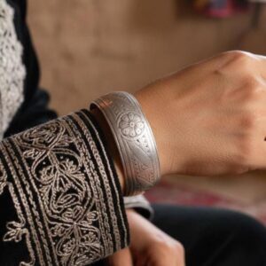 Antique Berber Silver Cuff Bangle Bracelet: Old Rose Flower Ethnic Tribal Jewelry, 1940s Made