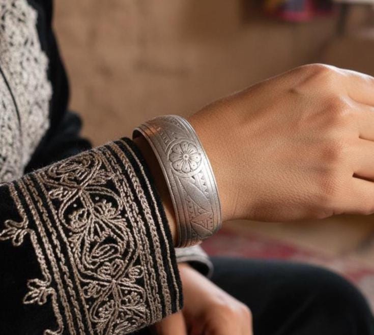 Antique Berber Silver Cuff Bangle Bracelet: Old Rose Flower Ethnic Tribal Jewelry, 1940s Made