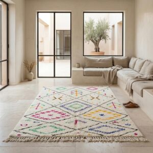 Hand-knotted Ivory Beni Ourain Wool Rug, Colorful Berber Symbols, Plush Shag Carpet