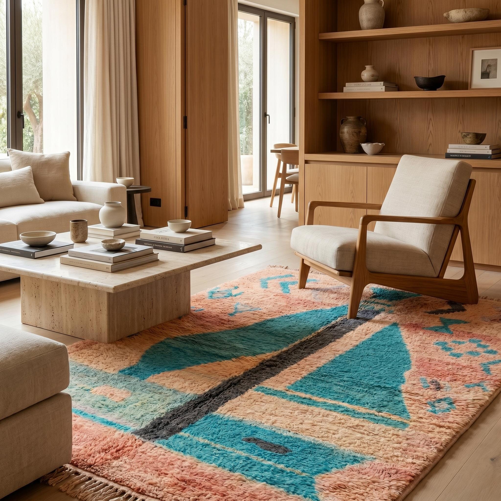 Boujaad Rug - Salmon Pink Teal Wool Rug - Handmade Tribal Symbol Abstract Rug - One of a Kind Boho Berber Carpet