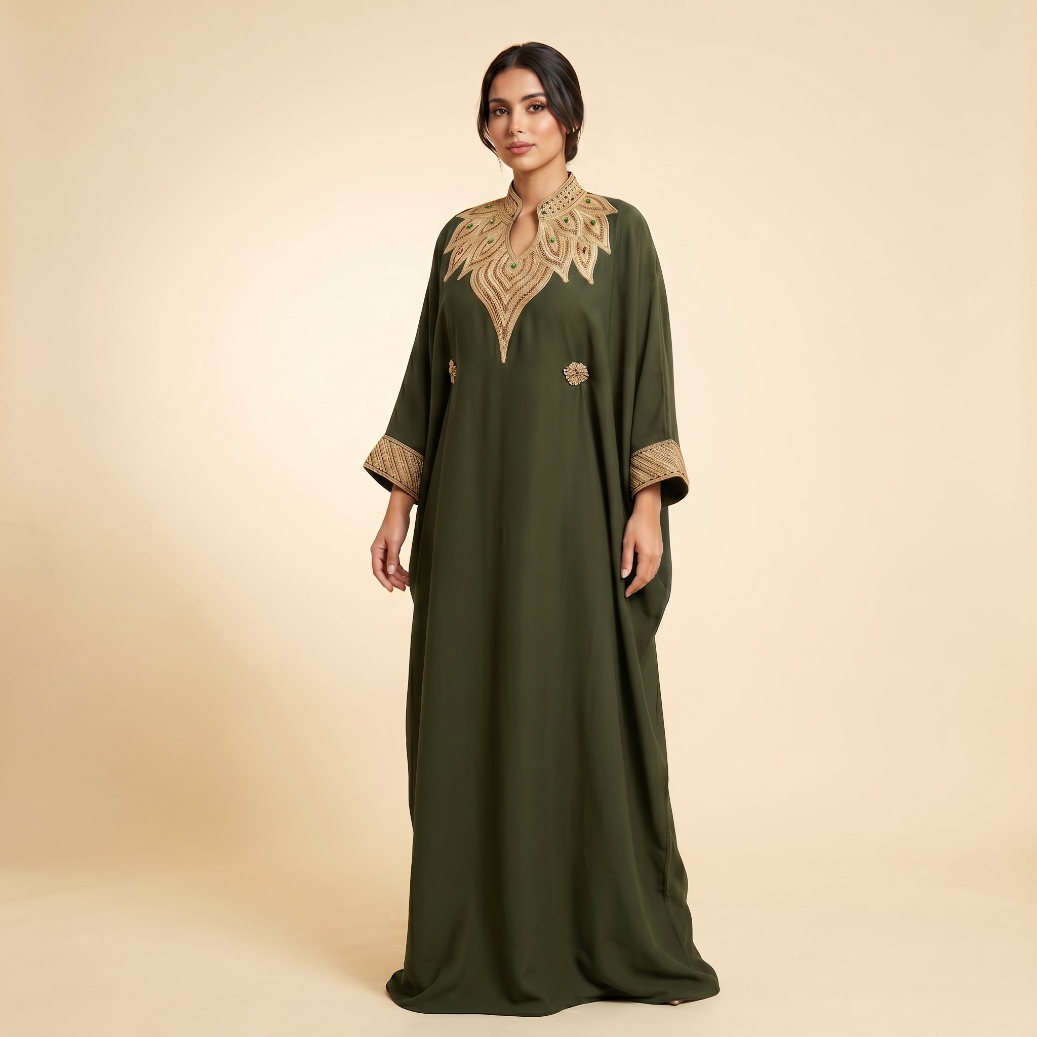 Gandoura Dress - Olive Green Embroidered Crepe Elegance