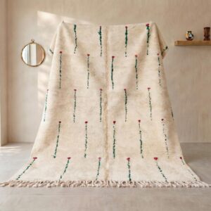 Berber Shag Rug - Ivory Wool with Green Stem & Pink Flower Motifs, Soft Handmade Area Rug
