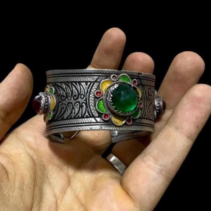 Antique Silver Enamel Berber Bracelet: Boho Cuff