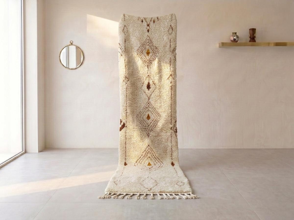 Beni Ourain Runner Rug, Berber Hallway Carpet, Cream and Brown Tribal Shag, Modern Minimalist Entryway Decor, Custom Size