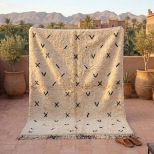 Hand-knotted Beni Ourain Wool Rug, Cream Berber Symbols, Boho Bedroom Decor