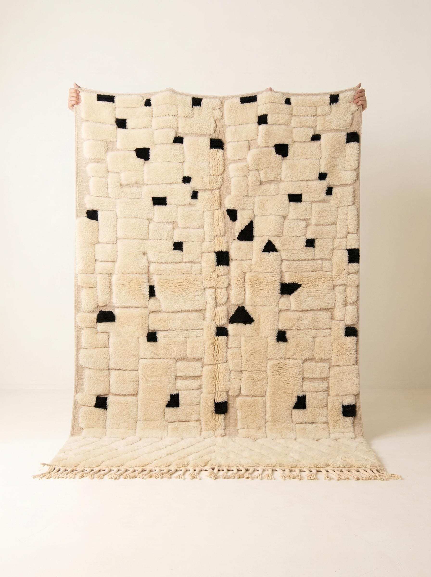 Mrirt Rug - Ivory Black Luxury Wool Rug - Handmade Sculpted Pixel Grid Rug - Ultra Plush Area Rug - Berber Carpet - Multiple Sizes