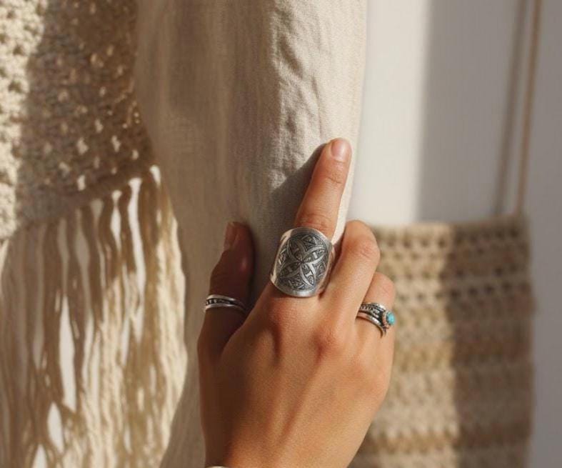 Handmade Tuareg Berber Sterling Silver Ring: Tribal Ethnic Boho Jewelry Size 9 US