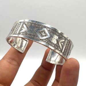 Berber Sterling Silver Tuareg Cuff Bracelet: Hand-Engraved African Tribal Bangle, Boho Ethnic African Hammered Jewelry
