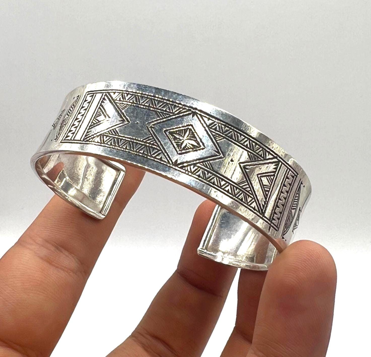 Berber Sterling Silver Tuareg Cuff Bracelet: Hand-Engraved African Tribal Bangle, Boho Ethnic African Hammered Jewelry