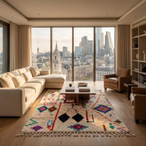 Azilal Rug - Ivory Wool Shag with Multicolor Folk Art Symbols, Handmade Tribal Berber Area Rug