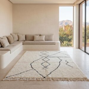 Hand-Knotted Ivory Wool Rug, Minimalist Black Diamond Berber Carpet, Scandinavian Shag Home