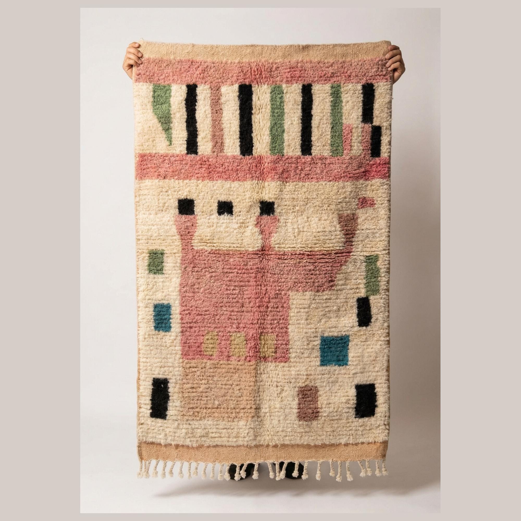 Boujaad Rug - Ivory Pink Abstract Wool Rug - Handmade Art Rug - Pastel Boho Area Rug - Colorful Berber Carpet - Multiple Sizes