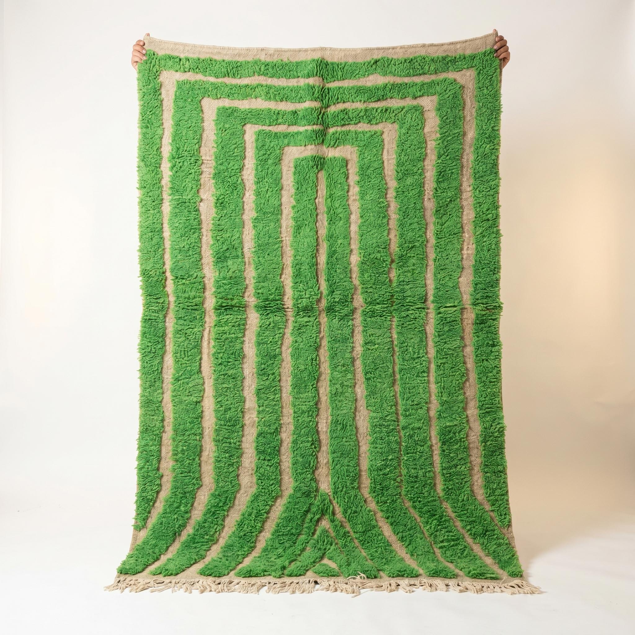 Rug - Green Ivory Stripe Wool Rug - Handmade Berber Graphic Rug - Bright Green Boho Area Rug - Maze Pattern Carpet - Multiple Sizes