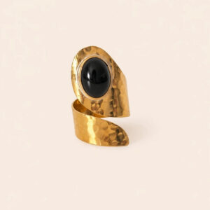 Amazigh Brass Onyx Spiral Ring – Textured Open Wrap Statement Design