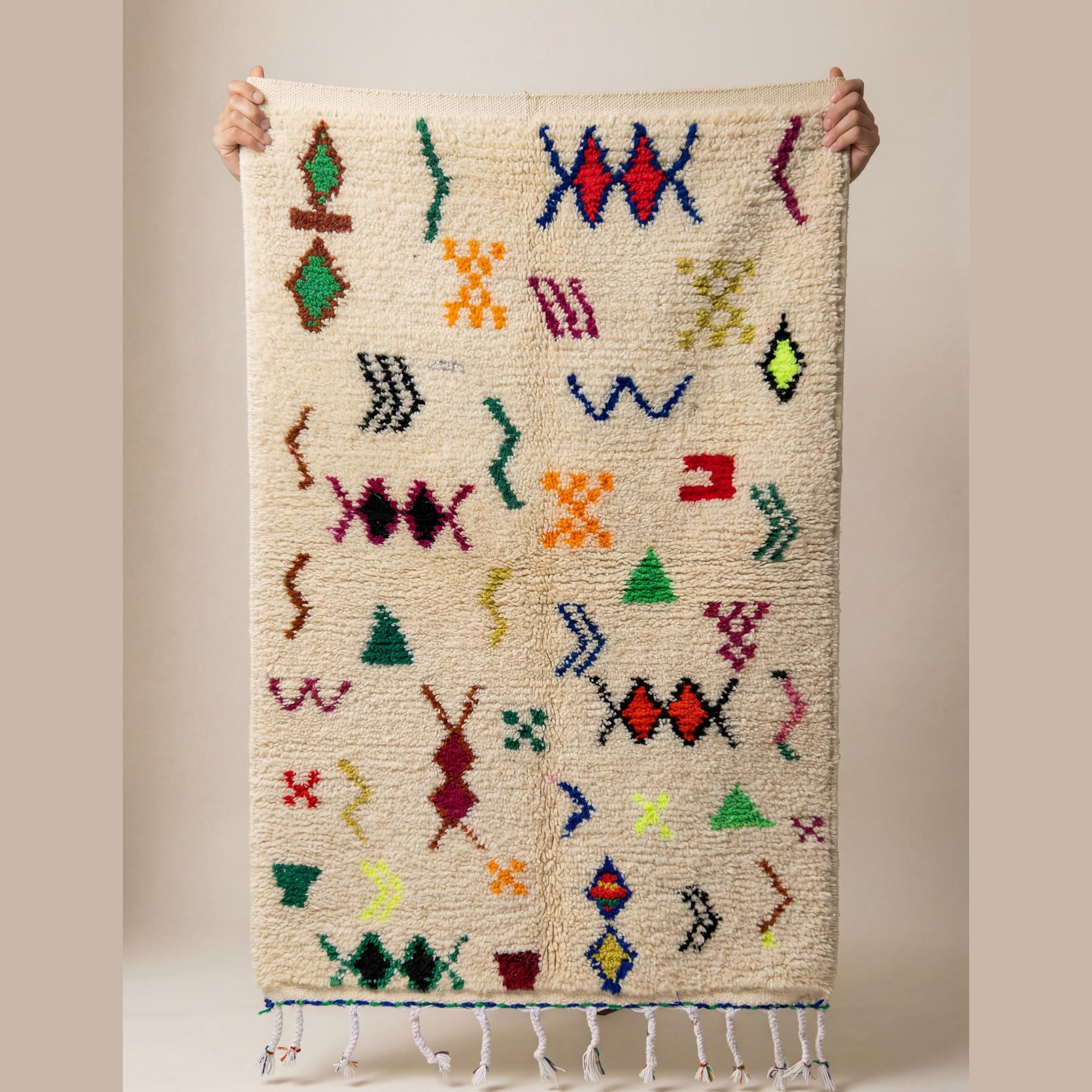 Azilal Rug - Ivory Rainbow Symbol Wool Rug - Handmade Boho Rug - Colorful Berber Carpet - Tribal Area Rug - Multiple Sizes