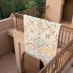 Hand-knotted Ivory Beni Ourain Wool Rug, Colorful Berber Symbols, Plush Shag Carpet