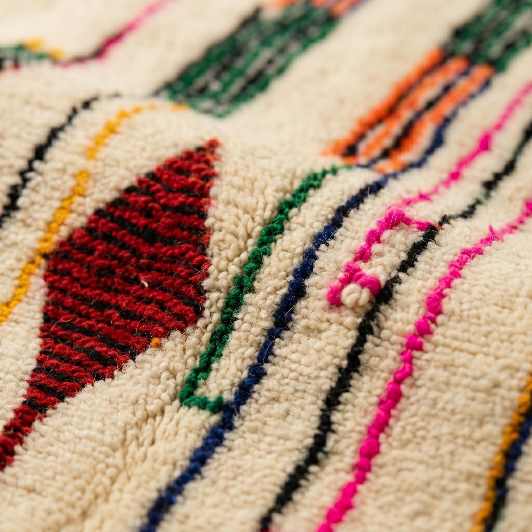 Colorful Ivory Azilal Rug - Handmade Berber Wool Rug - Tribal Geometric Boho Carpet - Multiple Sizes