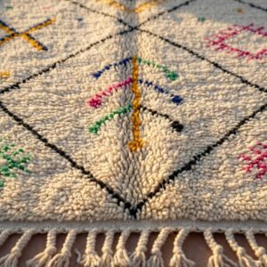Hand-knotted Ivory Beni Ourain Wool Rug, Colorful Berber Symbols, Plush Shag Carpet