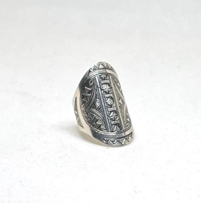 Berber Sterling Silver Ring: Engraved Tuareg Tribal Jewelry, Size 10 US