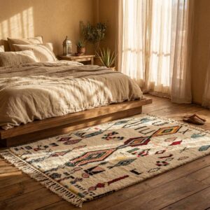 Plush Beni Ourain Wool Rug, Multicolor Berber Tribal Carpet, Boho Living Room Area Rug