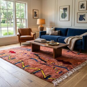 Berber Terracotta Rug, Abstract Tribal Wool Area Rug, Rust Red Boujaad Carpet, Hand Knotted Earthy Custom Boho Area Rug