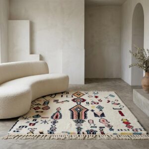 Plush Beni Ourain Wool Rug, Multicolor Berber Tribal Carpet, Boho Living Room Area Rug