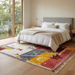 Hand Knotted Beni Ourain Wool Rug, Abstract Tribal Amazigh Carpet, Terracotta Burgundy Shag