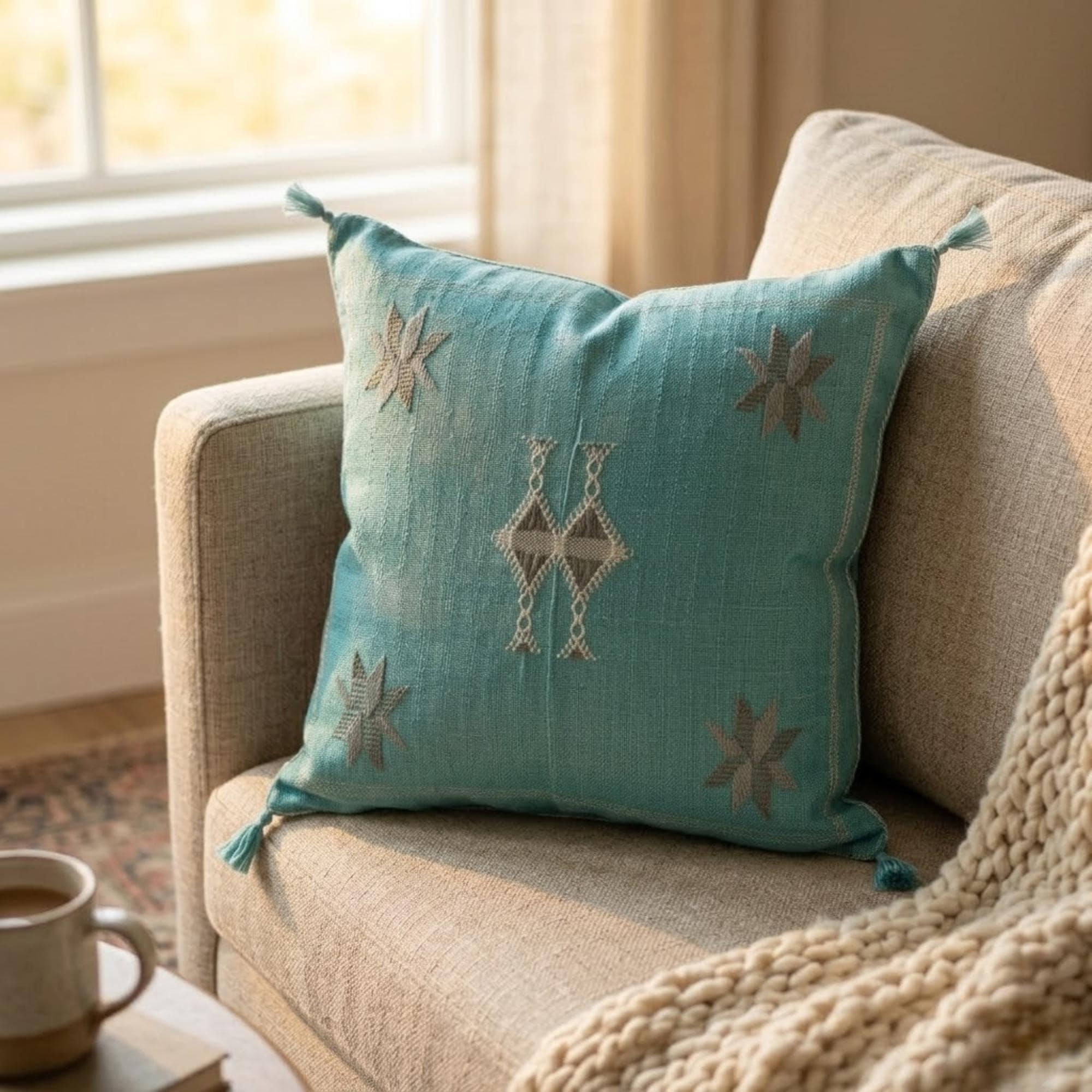 Berber Sky Blue Cactus Silk Handmade Sabra Pillow