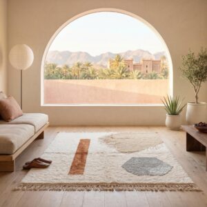Berber Authentic Beni Ourain Rug, Abstract Rust Beige Wool Carpet, Plush Shag Living Room Decor