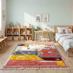 Hand Knotted Beni Ourain Wool Rug, Abstract Tribal Amazigh Carpet, Terracotta Burgundy Shag