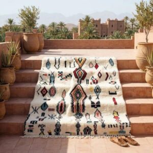 Plush Beni Ourain Wool Rug, Multicolor Berber Tribal Carpet, Boho Living Room Area Rug