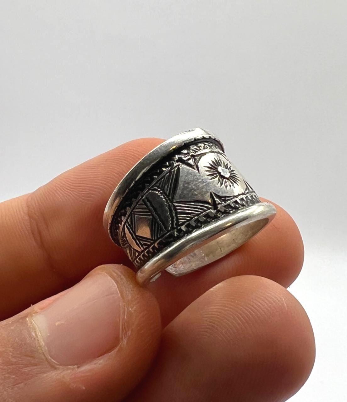 Sterling Silver Amazigh Ring - Hand-Engraved Berber Tribal Band (Size 7 US)