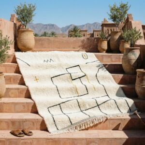 Berber Ivory Architectural Wool Rug, Black Grid Line Beni Ourain Carpet, Bauhaus Modern Shag Home