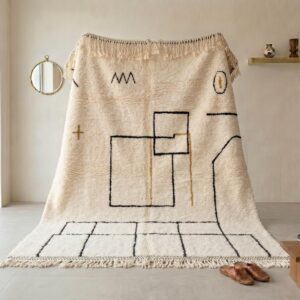 Berber Ivory Architectural Wool Rug, Black Grid Line Beni Ourain Carpet, Bauhaus Modern Shag Home