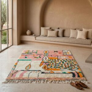 Pink Abstract Wool Rug, Handwoven Berber Carpet, Bohemian Geometric Area Rug