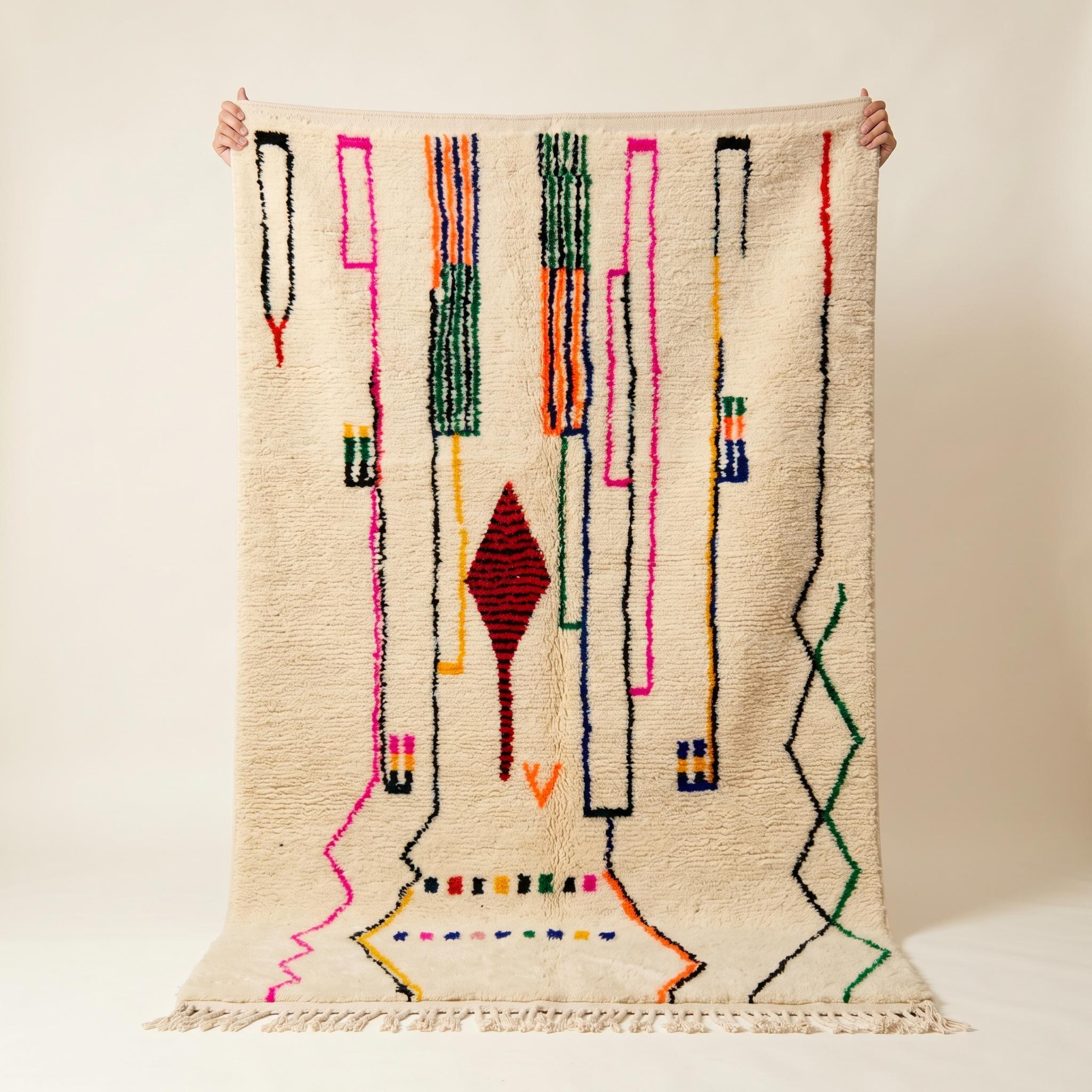 Colorful Ivory Azilal Rug - Handmade Berber Wool Rug - Tribal Geometric Boho Carpet - Multiple Sizes