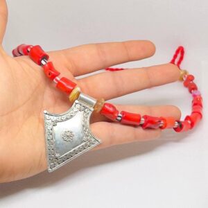 Antique Berber Coral Necklace: Sterling Silver Tuareg Tibetan Pendant, Jewelry