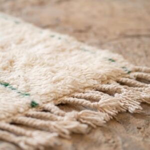 Berber Shag Rug - Ivory Wool with Green Stem & Pink Flower Motifs, Soft Handmade Area Rug