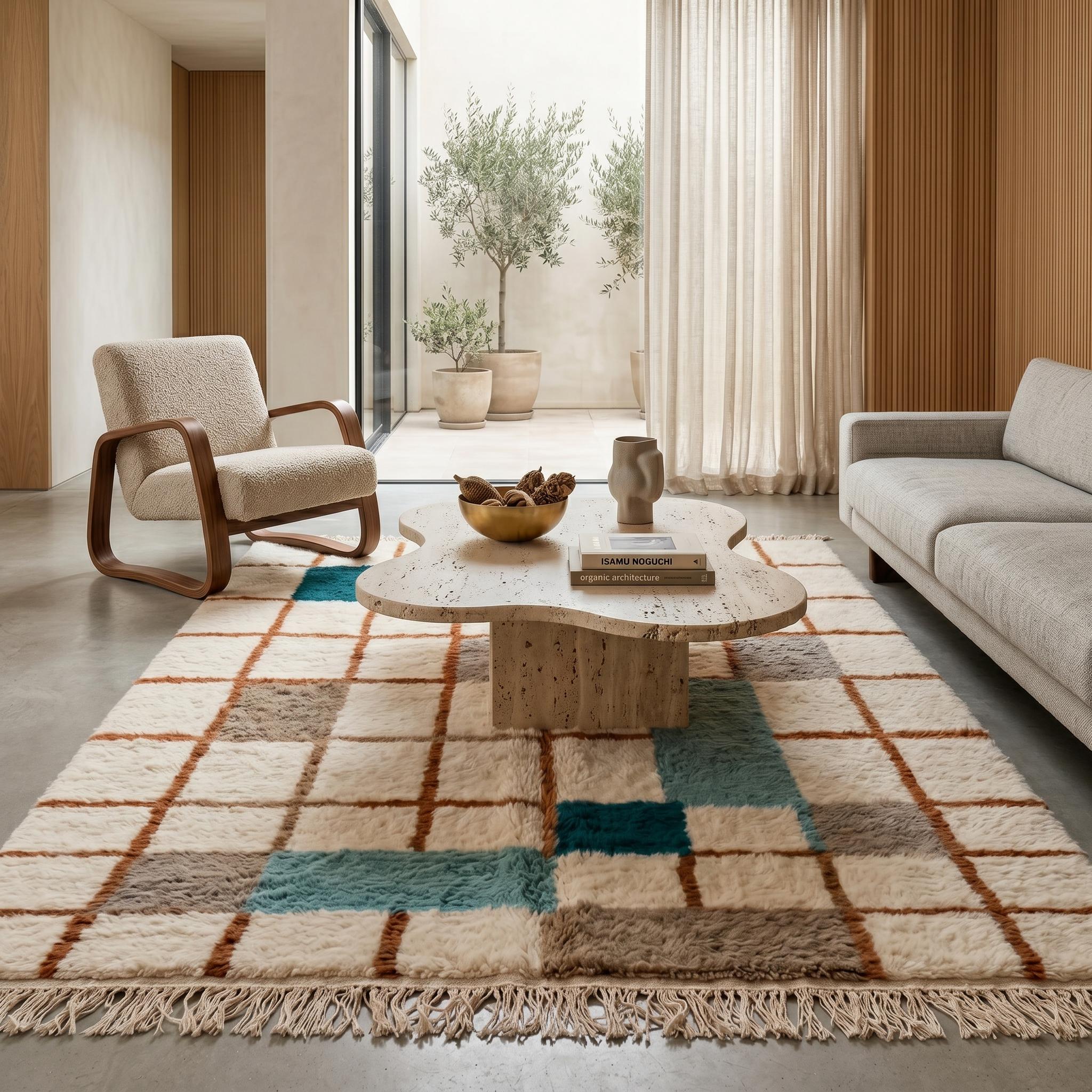 Boujaad Rug - Ivory Teal Terracotta Wool Rug - Handmade Grid Abstract Rug - Boho Area Rug - Berber Carpet - Multiple Sizes