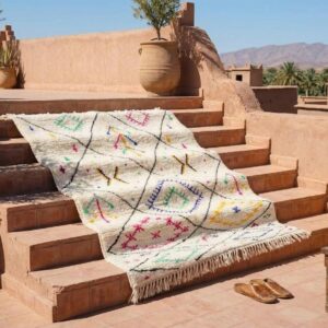 Hand-knotted Ivory Beni Ourain Wool Rug, Colorful Berber Symbols, Plush Shag Carpet