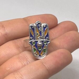 Kabyle Hamsa Hand Sterling Silver Ring: Berber Enamel Ethnic Jewelry