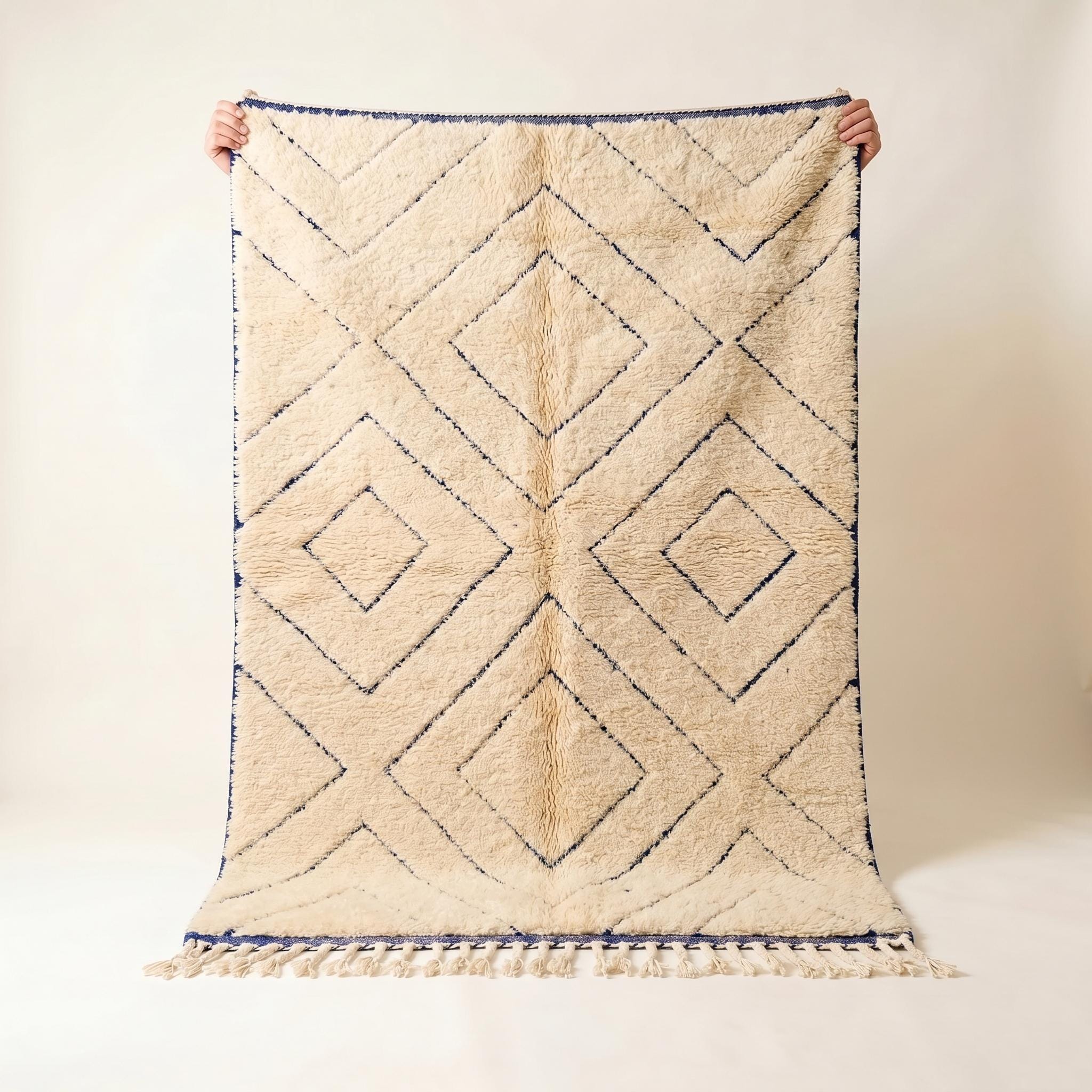 Beni Ourain Rug - Ivory Navy Wool Rug - Handmade Nested Diamond Rug - Japandi Area Rug - Berber Carpet - Multiple Sizes
