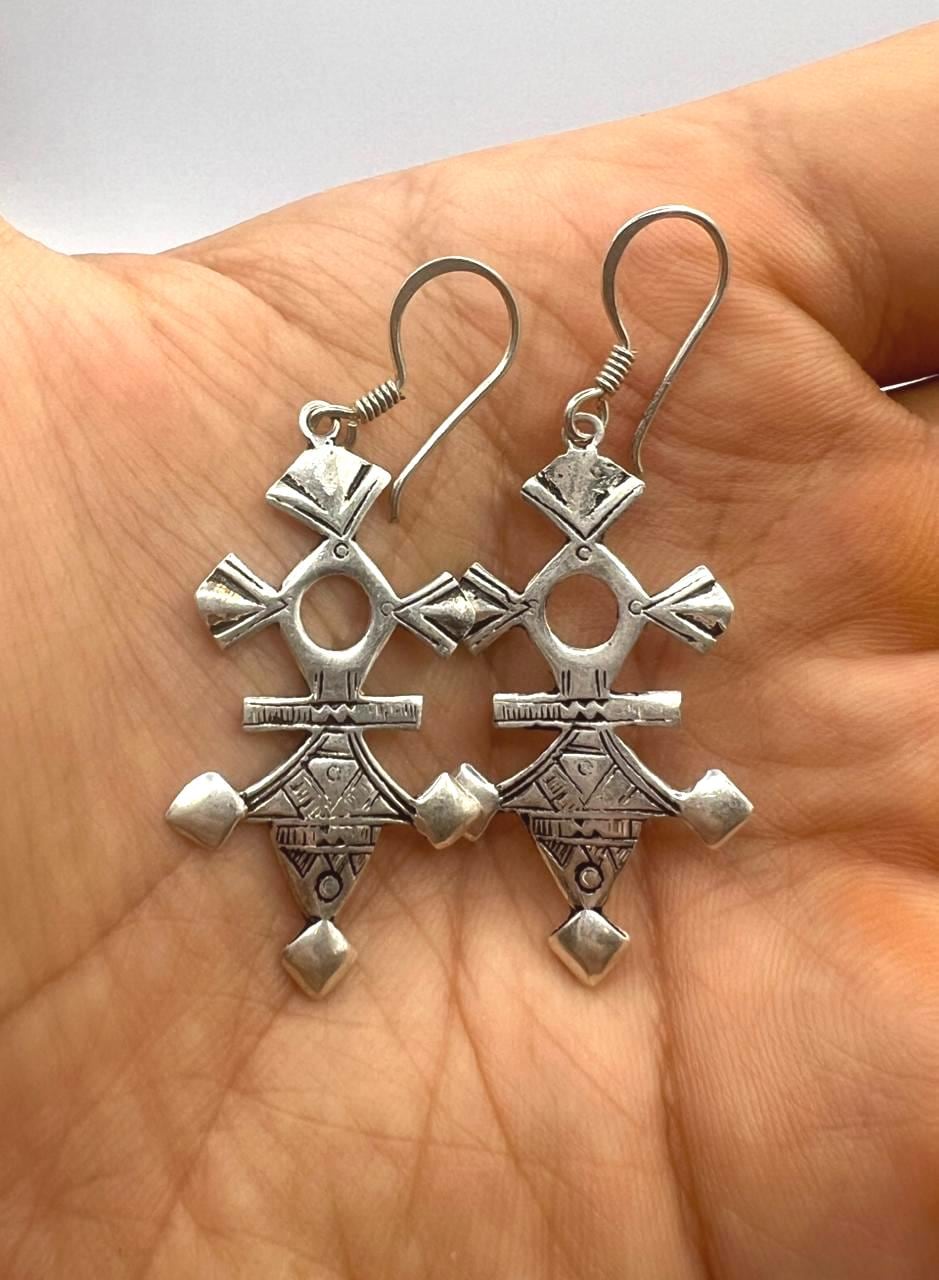 Tuareg Croix du Sud Sterling Silver Spiral Bohemian Cross Earrings: Berber Tribal Ethnic Jewelry