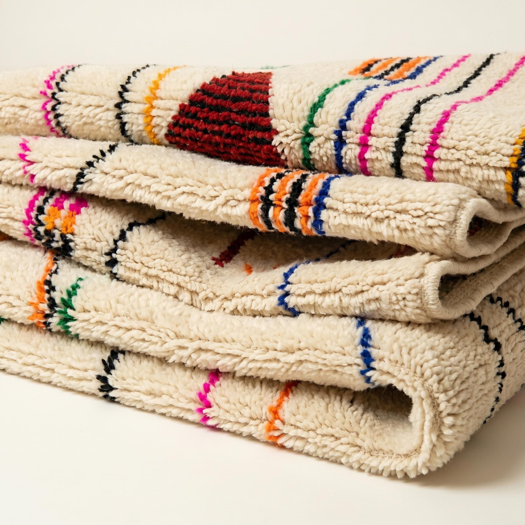 Colorful Ivory Azilal Rug - Handmade Berber Wool Rug - Tribal Geometric Boho Carpet - Multiple Sizes