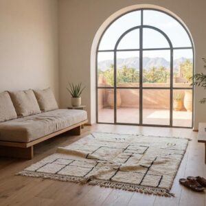 Berber Ivory Architectural Wool Rug, Black Grid Line Beni Ourain Carpet, Bauhaus Modern Shag Home